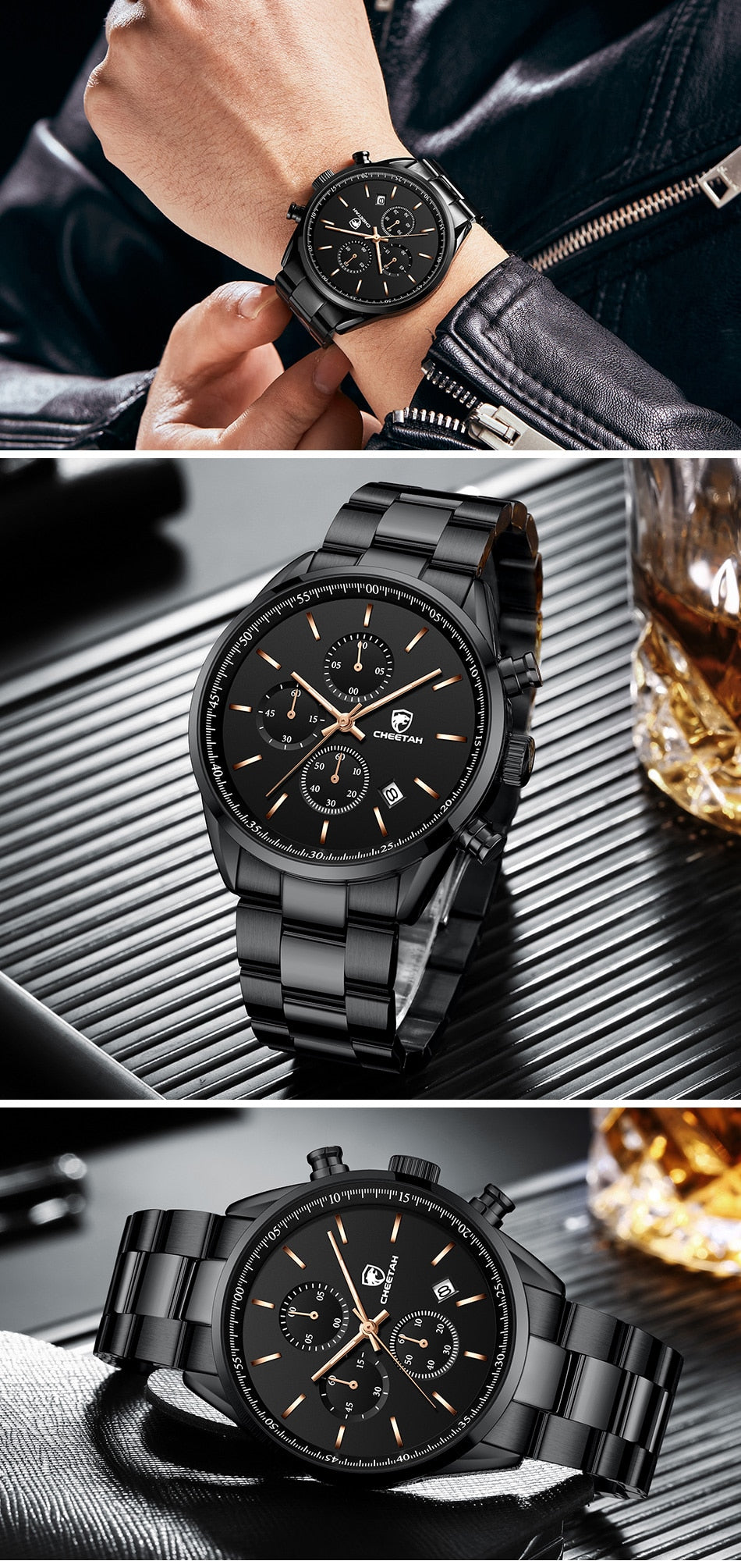 CHEETAH Men's black Watch Quartz Analog Stainless Steel Waterproof  Chronograph Watches with International Warranty